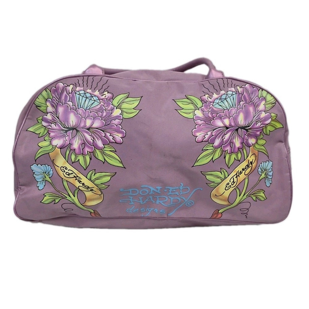 Don Ed Hardy Designs Flower Peony Tattoo Small Duffle Zip Bag 18x10x8" Y2K 3310